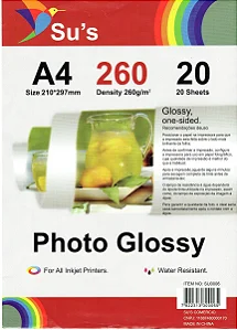 PAPEL FOTOGRAFICO GLOSSY 260G A4 C/20 FOLHAS - SUS - Unidade