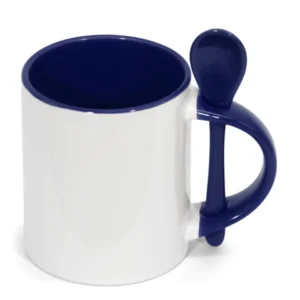 CANECA CERAMICA  CILÍNDRICA INTERIOR E ALÇA AZUL ESCURO COM COLHER 325ML PARA SUBLIMAÇÃO -  FLY - Unidade