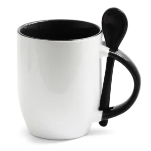CANECA CERAMICA INTERIOR E ALÇA PRETA 325ML COM COLHER PARA SUBLIMAÇÃO - JKB - Unidade