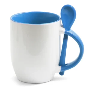 CANECA CERAMICA COM COLHER INTERIOR E ALÇA AZUL CLARO 325ML PARA SUBLIMAÇÃO - JKB - Unidade
