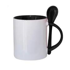 CANECA CERAMICA  CILINDRICA INTERIOR E ALÇA PRETA 325ML COM COLHER PARA SUBLIMAÇÃO - FLY- Unidade