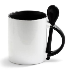 CANECA CERAMICA CILINDRICA COM COLHER INTERIOR E ALÇA PRETA 325ML PARA SUBLIMAÇÃO - JKB - Unidade