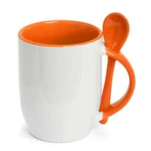 CANECA CERAMICA COM COLHER INTERIOR E ALÇA LARANJA 325ML PARA SUBLIMAÇÃO - JKB - Unidade