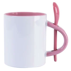 CANECA CILÍNDRICA  INTERIOR E ALÇA ROSA COM COLHER 325ML PARA SUBLIMAÇÃO - FLY -  Unidade