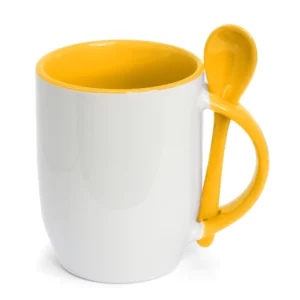 CANECA CERAMICA COM COLHER INTERIOR E ALÇA AMARELA 325ML PARA SUBLIMAÇÃO - JKB - Unidade